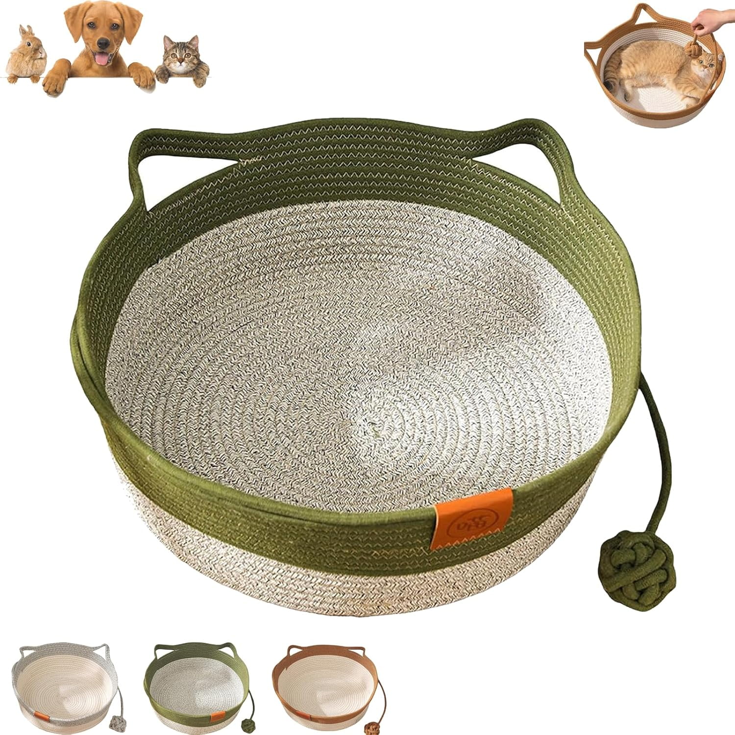 Instinct Basket,Cat Bed with Interactive Toy Tail & Cat Ear Design, Breathable All Season & Scratch-Resistant Woven Cotton Rope Basket for Indoor Cats