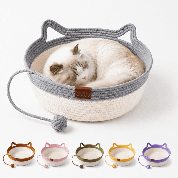 Instinct Basket for Cats, 35/40/46cm Stimuli Handwoven Ropes Cat Beds with Cat Ear Handles, Cotton Rope Cat Basket Bed Ball Rope, Indoor Use for All Cats