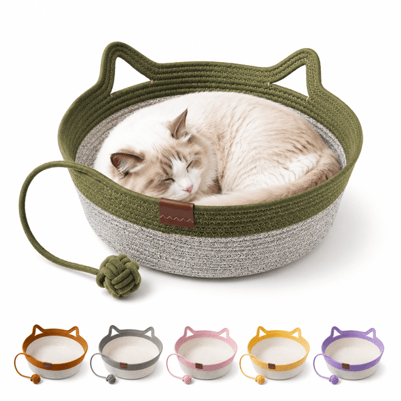 Instinct Basket for Cats, 35/40/46cm Stimuli Handwoven Ropes Cat Beds with Cat Ear Handles, Cotton Rope Cat Basket Bed Ball Rope, Indoor Use for All Cats