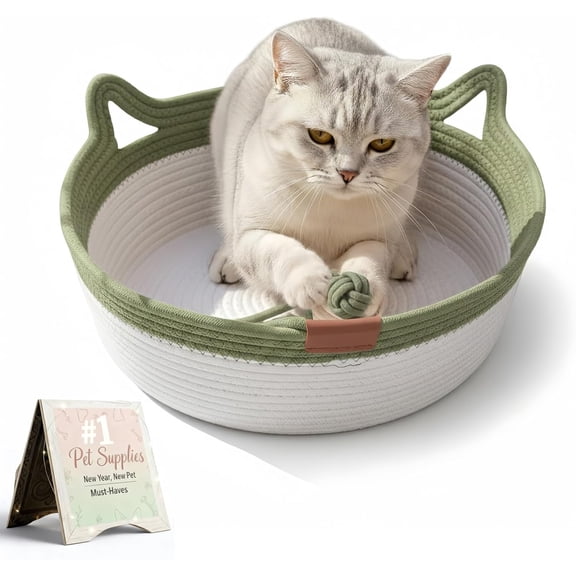 Instinct Basket for Cats - Handwoven Cotton Rope Enrichment Bed with Attached Toy Tail, Scratchable Interactive Pet Nest Features Flexible Walls to Fight Boredom & Protect Furniture
