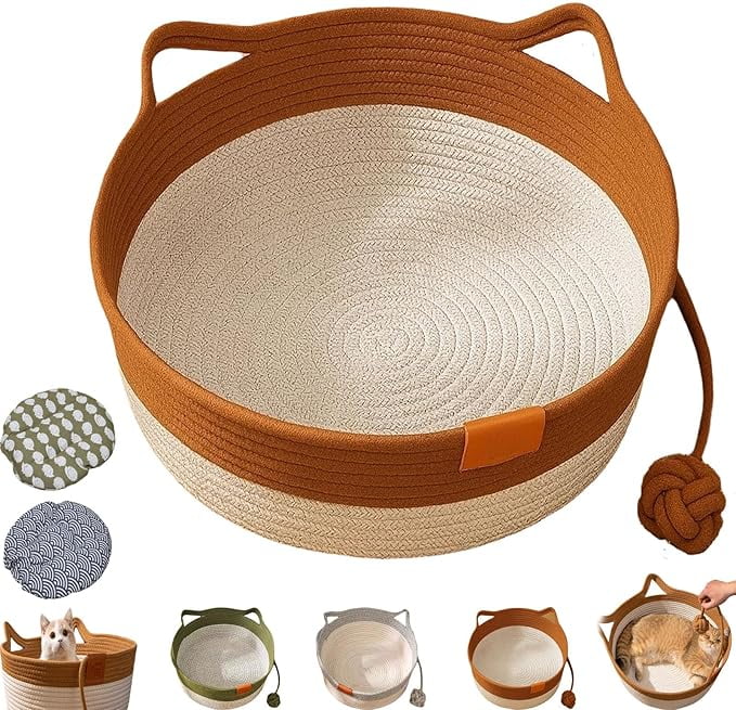 Instinct Basket for Cats, Cat Bed, Under 10kg Cotton Rope Cat Bed with Cushion, Large Foldable Natural Cats Toy Baskets with W/Ear Playing Ball Toy Tail