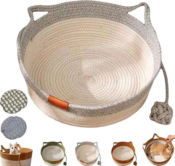 Instinct Basket for Cats, Cat Bed, Under 10kg Cotton Rope Cat Bed with Cushion, Large Foldable Natural Cats Toy Baskets with W/Ear Playing Ball Toy Tail