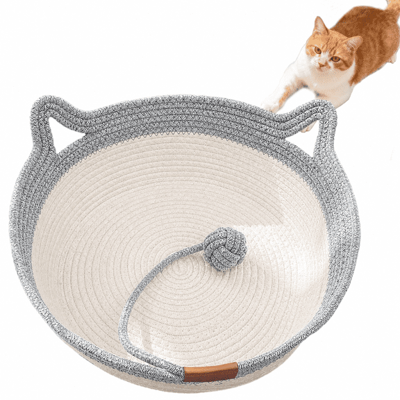 Instinct Basket, Handwoven Cat Baskets, Boho Cotton Rope Cat Bed for Indoor Cats, Round Scratchable Breathable Weave Pet Nest with Removable Cushion & Cat Ear Handles for Cats Puppies