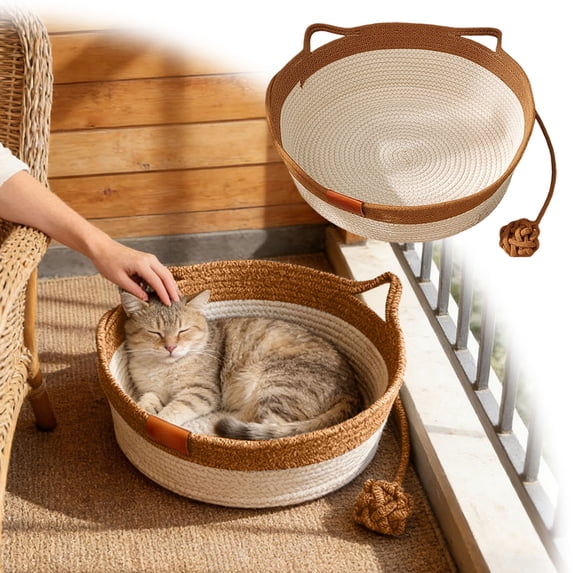 Instinct Basket, Stimulicat Cat Bed, Stimulicat Cat Bed Rope Cotton with Cushion, Eliminates Bed Rejection Round Pet Basket, Boho Catbed for Cats Handwoven Scratchable Breathable Weave(Brown,M)