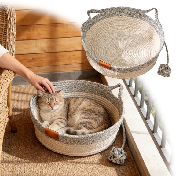 Instinct Basket, Stimulicat Cat Bed, Stimulicat Cat Bed Rope Cotton with Cushion, Eliminates Bed Rejection Round Pet Basket, Boho Catbed for Cats Handwoven Scratchable Breathable Weave(Grey,M)