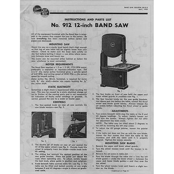 Instruction Manual ONLY for 1950 Atlas 912 12" Band Saw Instructions REPRINT