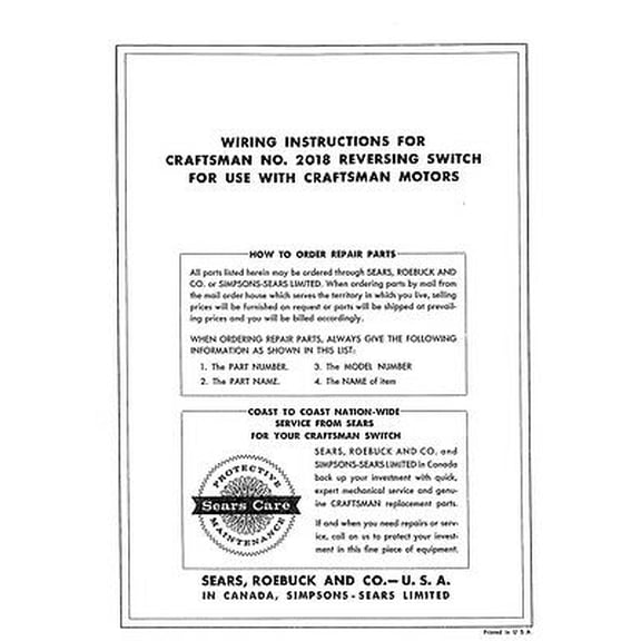 Instruction Manual ONLY for 1960s Craftsman 2018 Reversing Switch Form 1883-6 Instructions REPRINT