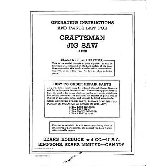 Instruction Manual ONLY for Craftsman 103.20720 18" Jig Saw Instructions REPRINT