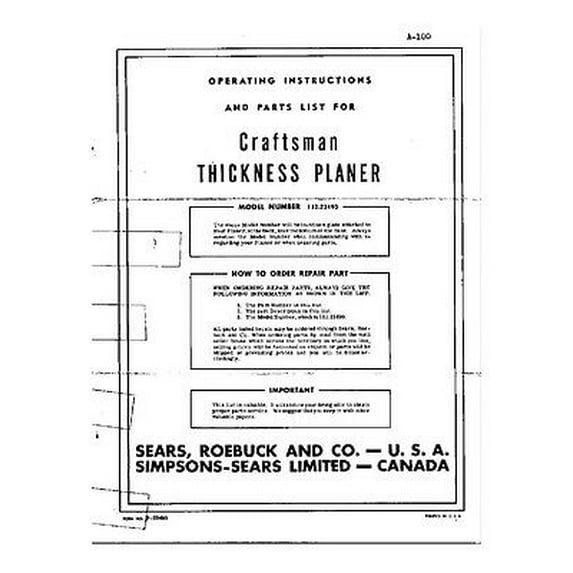 Instruction Manual ONLY for Craftsman 112.23490 /Parks 12" Thickness Planer Instructions REPRINT