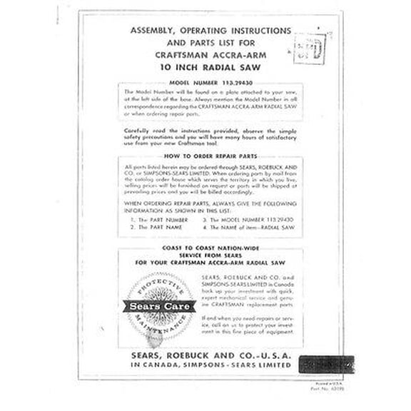 Instruction Manual ONLY for Craftsman 113.29430 10" Accra-Arm Radial Saw Instructions REPRINT