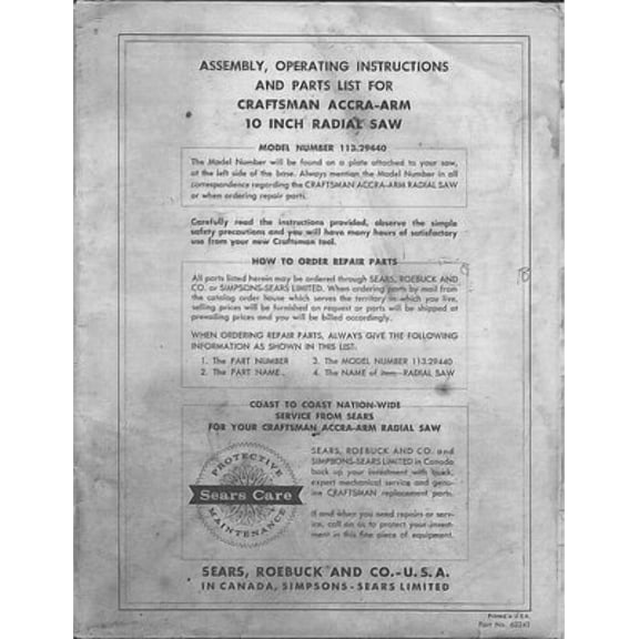 Instruction Manual ONLY for Craftsman 113.29440 Accra-Arm 10 Inch Radial Saw Instructions REPRINT