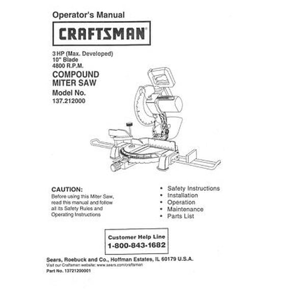 Instruction Manual ONLY for Craftsman 137.212000 Miter Saw Owners ...