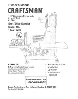 Instruction Manual ONLY for Craftsman 137.215280 Belt & Disc Sander ...