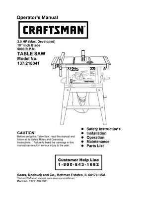 Instruction Manual ONLY for Craftsman 137.218041 Table Saw Owners ...