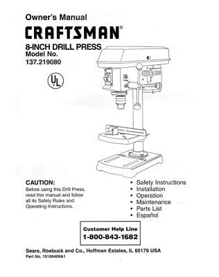 Instruction Manual ONLY for Craftsman 137.219080 Drill Press Owners ...