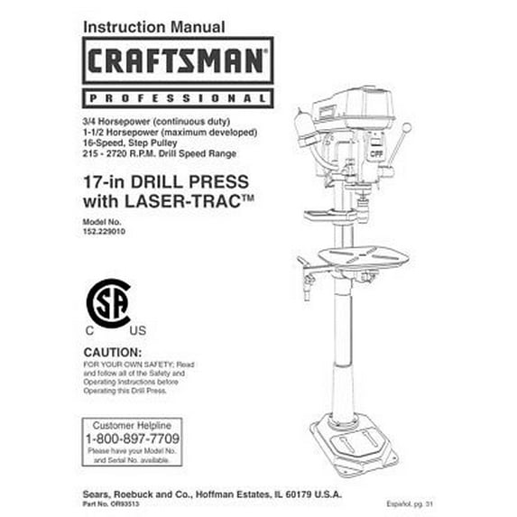 Instruction Manual ONLY for Craftsman 152.229010 Drill Press Owners Instruction Manual REPRINT