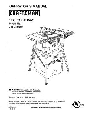 Instruction Manual ONLY for Craftsman 315.218050 Table Saw Owners ...