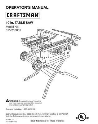 Instruction Manual ONLY for Craftsman 315.218061 Table Saw Owners ...