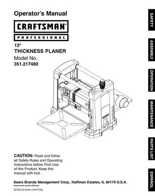 Instruction Manual ONLY for Craftsman 351.217480 Planer Owners ...