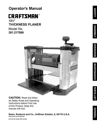 Instruction Manual ONLY for Craftsman 351.217580 Planer Owners ...