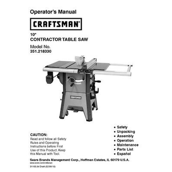 Instruction Manual ONLY for Craftsman 351.218330 Table Saw Owners Instruction Manual REPRINT