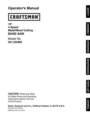 Instruction Manual ONLY for Craftsman 351.224500 Band Saw Owners ...