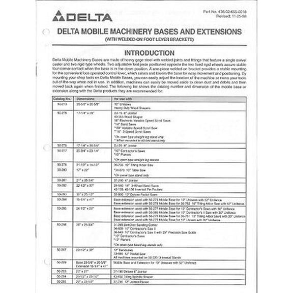 Instruction Manual ONLY for Delta Rockwell Mobile Machinery Bases & Extensions Instructions REPRINT