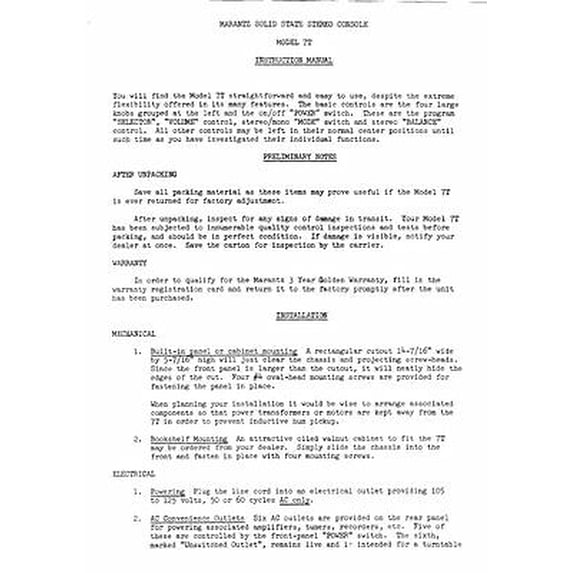Instruction Manual ONLY for Marantz 7T Amplifier Owners Manual REPRINT