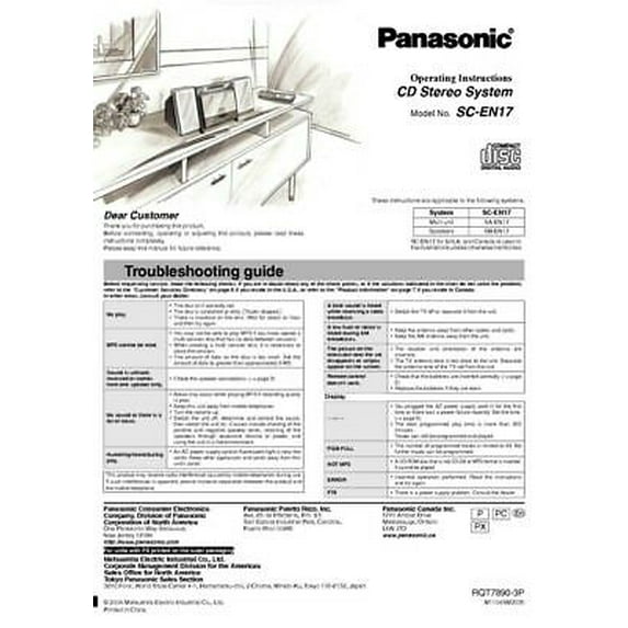 Instruction Manual ONLY for Panasonic SA-EN17 CD Stereo System Owners Instruction Manual REPRINT