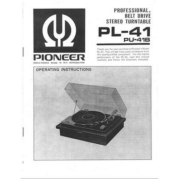 Instruction Manual ONLY for Pioneer PL-41 Turntable Owners Manual REPRINT