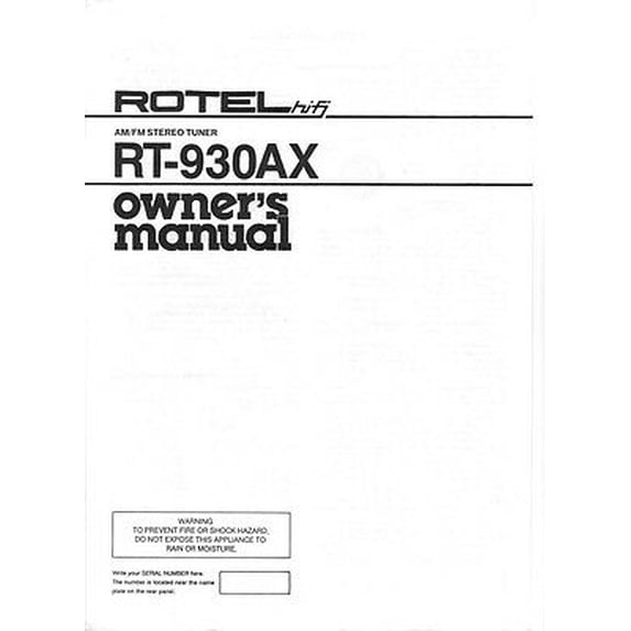 Instruction Manual ONLY for Rotel RT-930AX Tuner Owners Manual REPRINT