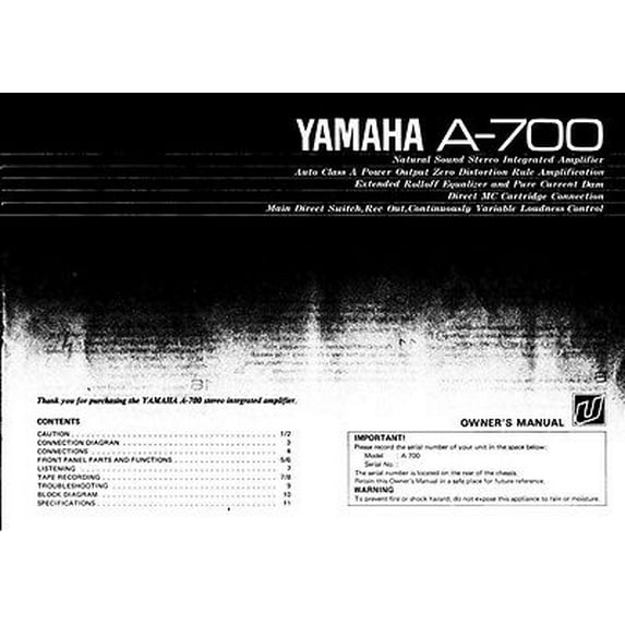 Instruction Manual ONLY for Yamaha A-700 Amplifier Owners Manual REPRINT