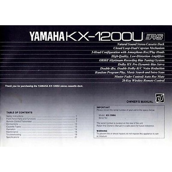 Instruction Manual ONLY for Yamaha KX-1200-U Cassette Deck Owners Manual REPRINT