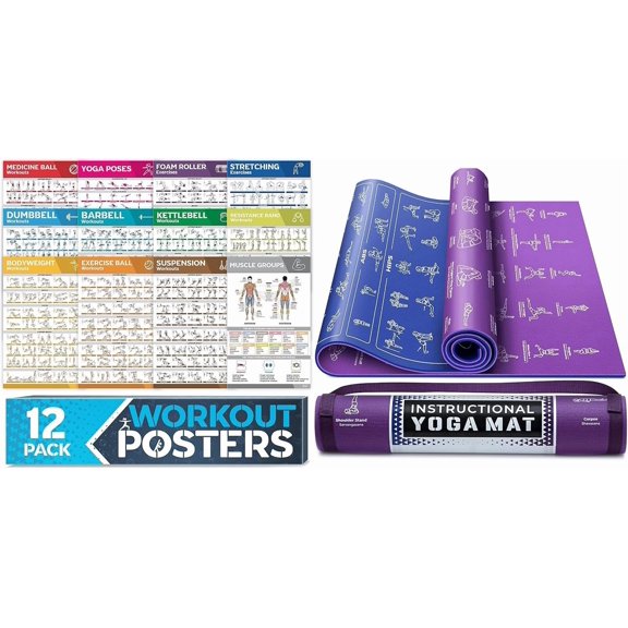 Instructional Yoga Mat with Poses Printed  It & Carrying Strap + [12-PACK] Laminated Large Workout Poster Set -  Workout Posters for  Gym