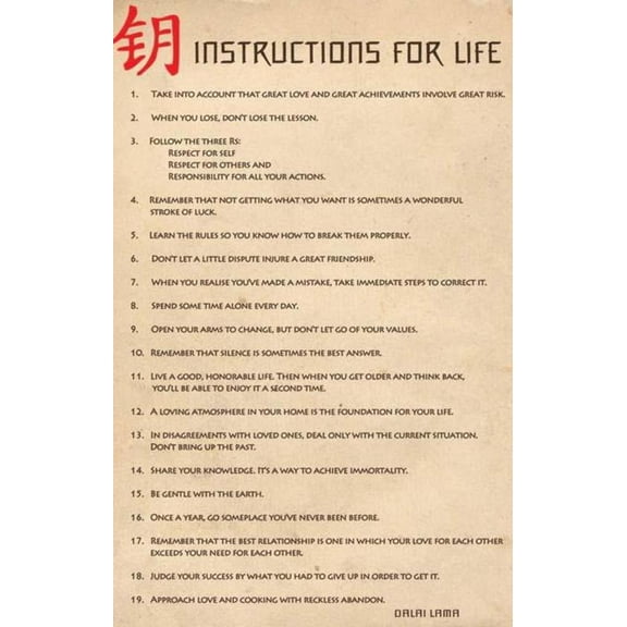 Instructions For Life Dalai Lama Motivational – Poster - Poster Print - Wooden Hanging Scroll Frame 11 x 17 Inch Poster
