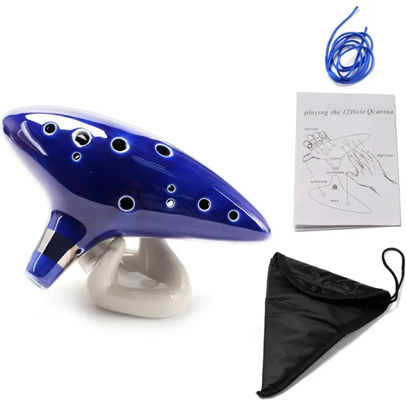 Instrument 12 Hole Alto C Ocarinas Ceramic with Neck Strap Cord and Song Book, Gift Box, Hand-shape Display Stand, Black Protective Bag