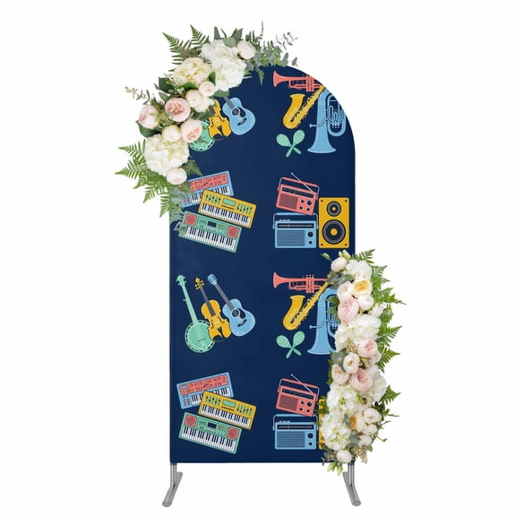 Instruments Style Arch Backdrop Cover 4FT, Abstract Colorful Guitars Piano Blue Spandex Fitted Stretchy Arch Stand Covers, Round Top Chiara Backdrop Cover for Wedding Party Birthday Baby Shower