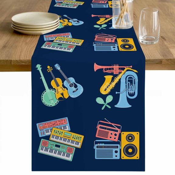 Instruments Style Table Runner - 36 Inch Long Abstract Colorful Guitars Piano Blue Cotton and Linen Blended Dress Scarves Farmhouse Table Runner for Kitchen Dining, Coffee Table, 13" x 36"