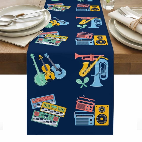 Instruments Style Table Runner Abstract Colorful Guitars Piano Blue Tablerunners 13 x 36 Inch, Table Decorations Tabletop Scarf for Summer Gathering Holiday Farmhouse Kitchen Dining Decor