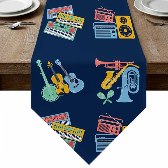 Instruments Style Table Runner Linen Burlap Table Runner 36 Inches Small Abstract Colorful Guitars Piano Blue Dresser Scarves for Kitchen Island Coffee Dining Room Party Wedding Holiday Decor 13"x36"