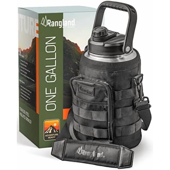 Insulated 1 Gallon Water Bottle with Sleeve - Stainless Steel Wide Mouth Growler with Tactical Carrying Bag - Insulation for Hot/Cold Drinks (128oz)