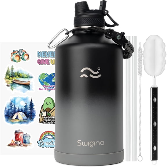 Insulated 128 oz Water Bottle with 2-in-1 Lid, Silicone Boot, Keeps Cold 48 Hours Hot 24 Hours, Leakproof, BPA Free, Black-Grey