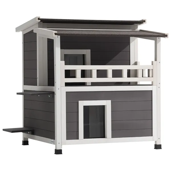 Insulated 2 Story Wooden Cat House with Foam Balcony Waterproof Indoor Outdoor Shelter for 1-3 Cats Winter 33 x 29.5 x 32 in