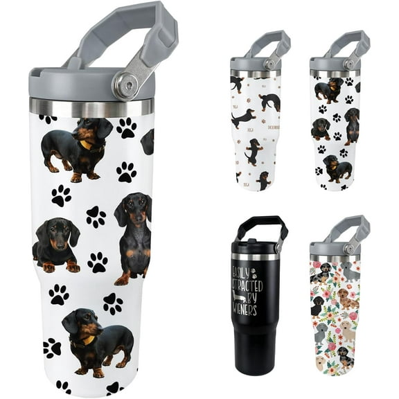 Insulated 30 Oz Dachshund Tumbler with Handle - Double Wall Stainless Steel Travel Mug, Weiner Dog Themed Gift for Women and Men, Leak Proof Water Bottle Cup
