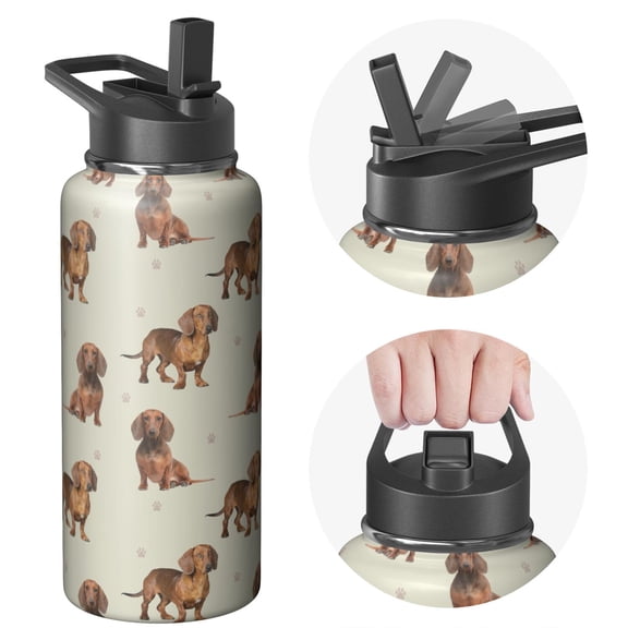 Insulated 32oz Stainless Steel Sports Dog Water Bottle with Handle Lids - Wide Mouth Jug, Double Wall, Leakproof, 24Hrs Cold 12Hrs Hot, Gym Flask for Dog Fans