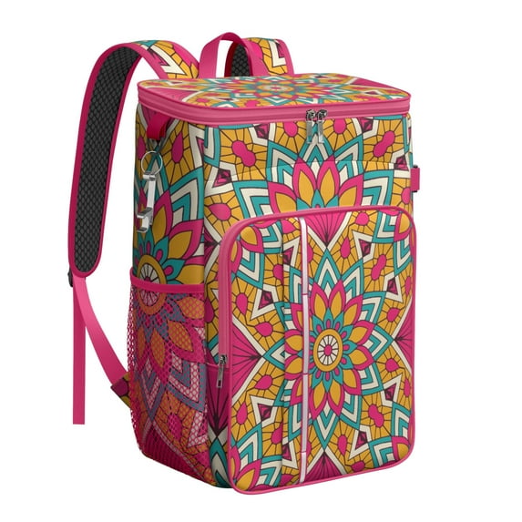 Insulated Backpack Cooler Mandala Symbolic Tribal Design, Leakproof Waterproof Picnic Bag, Ethnic Boho Floral Pattern for Beach Lunch