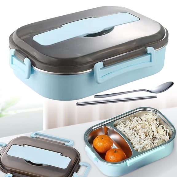 Insulated Bento Lunch Box with Thermos Style Lid, 2 Compartment Food Container, Portable Leak-Resistant Meal Box with Spoon & Chopsticks, 8.66 x 6.69 in blue