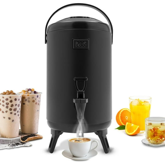 Insulated Beverage Dispenser, 10L/2.6Gal Thermal Hot and Cold Beverage Dispenser, Stainless Steel Insulated Hot Drink Dispenser with Spigot and Thermometer for Coffee&Tea,Milk,Water,Juice (Black)