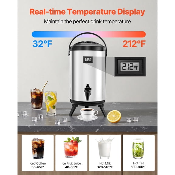 Insulated Beverage Dispenser 2 Gal 7.6L Stainless Steel Thermal Drink Server with Spigot and Temperature Display for Hot and Cold Drinks Tea Coffee Water in Cafes Restaurants Silver