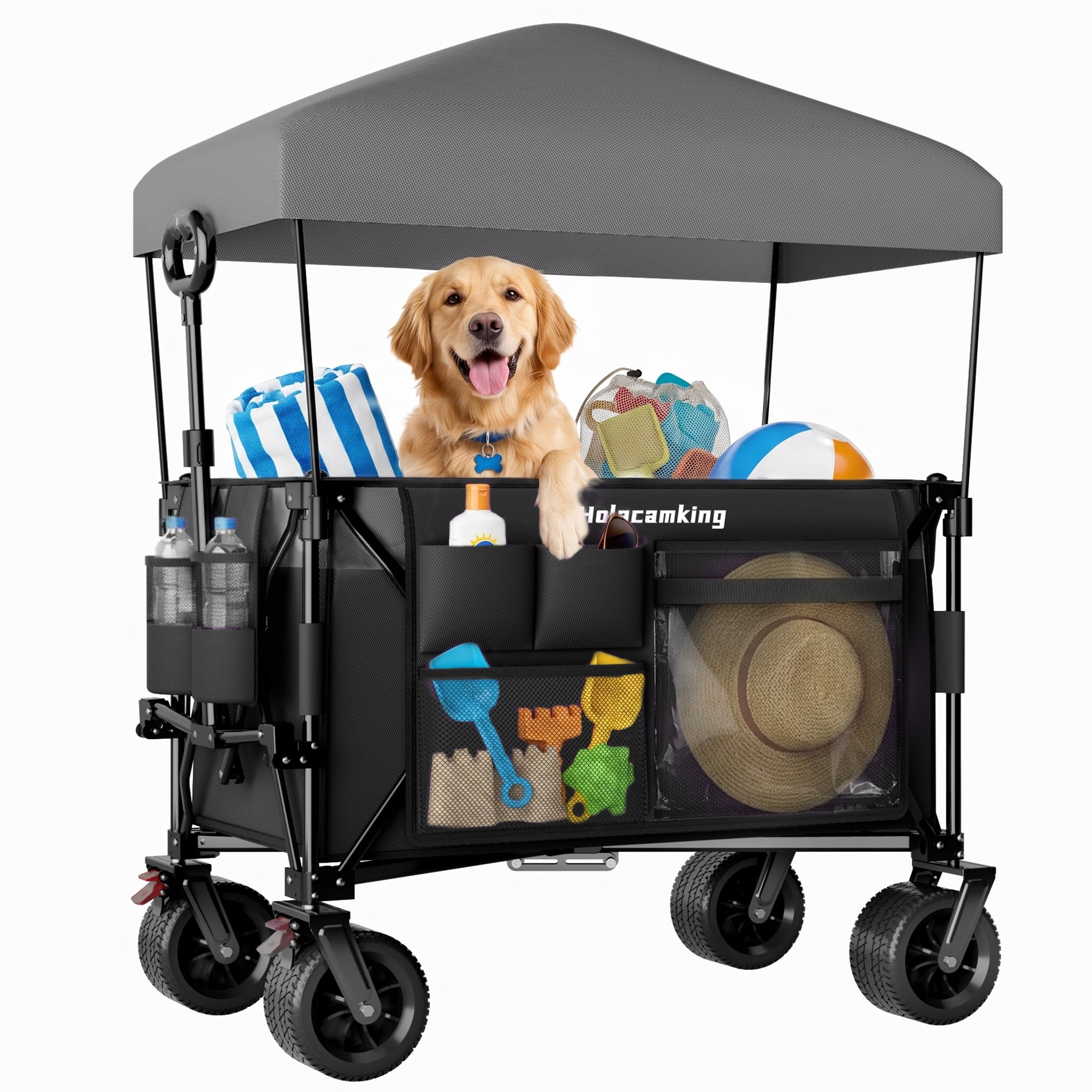 Foldable Utility Wagon with Canopy Awning 520 lbs Capacity All-Terrain Wheels Beach Camping Cart
